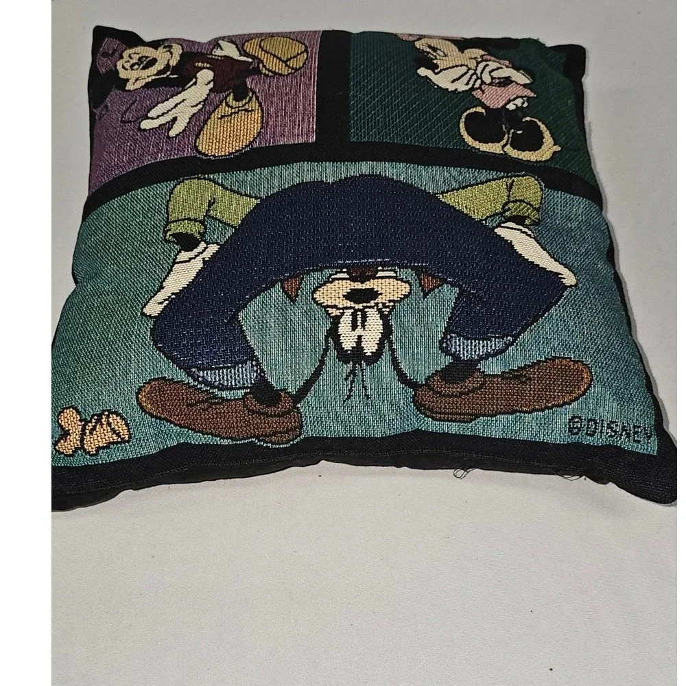 Vintage Disney Tapestry Throw Pillow Mickey Minnie Goofy Woven Comic Decor